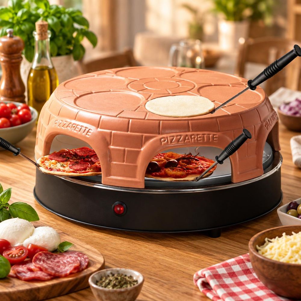 Pizzarette Pizzaofen mit Mini-Pizzen auf einem Tisch, umgeben von frischen Zutaten.