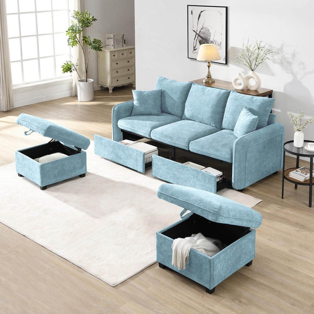 Merax Ecksofa U-Form mit Schlaffunktion und Stauraum, Dreisitzer Sofa-Set mit 2 Hocker – Chenille-Stoff, Metallrahmen, Modular Kombinierbar, Blau