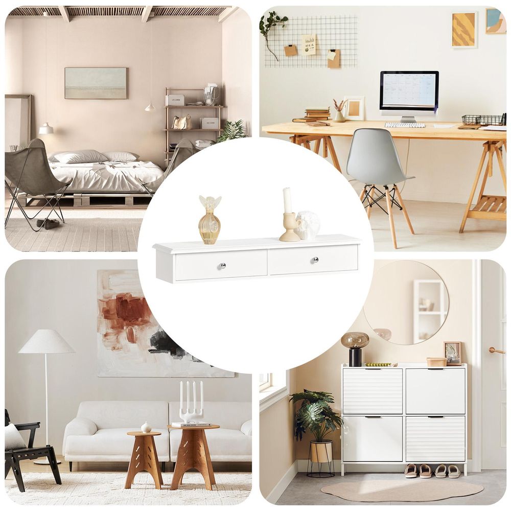 SoBuy Wandregal mit 2 Schubladen - Modernes Regal Wand für Flur, Wohnzimmer & Schlafzimmer - Weiß 64x15x10cm FRG43-W