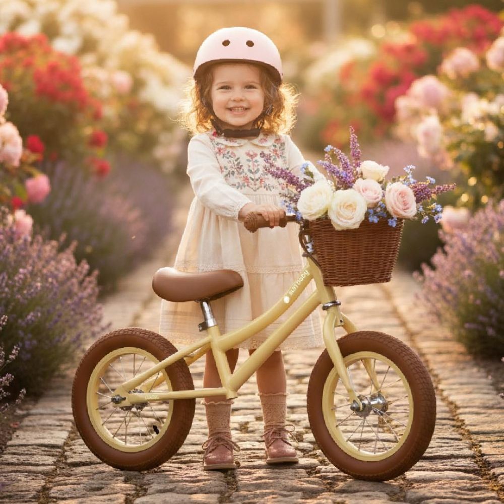 Meisje met helm poseert lachend met Sun Baby loopfiets en bloemenmandje.