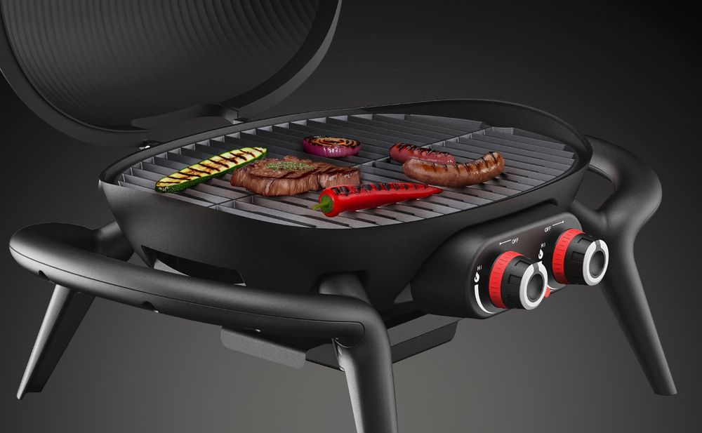 Das Bild zeigt einen schwarzen Tischgrill mit 2 Drehreglern, Griffen und einem Thermometer.