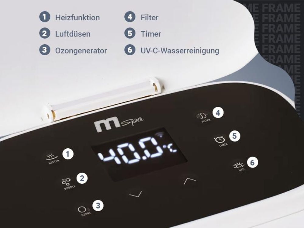 Miweba MSpa Outdoor Whirlpool Frame Tribeca | 6 Personen - App Steuerung - Holzoptik - Feste Außenwand - Jacuzzi - UVC+ - Winterfest - 160x160x65cm