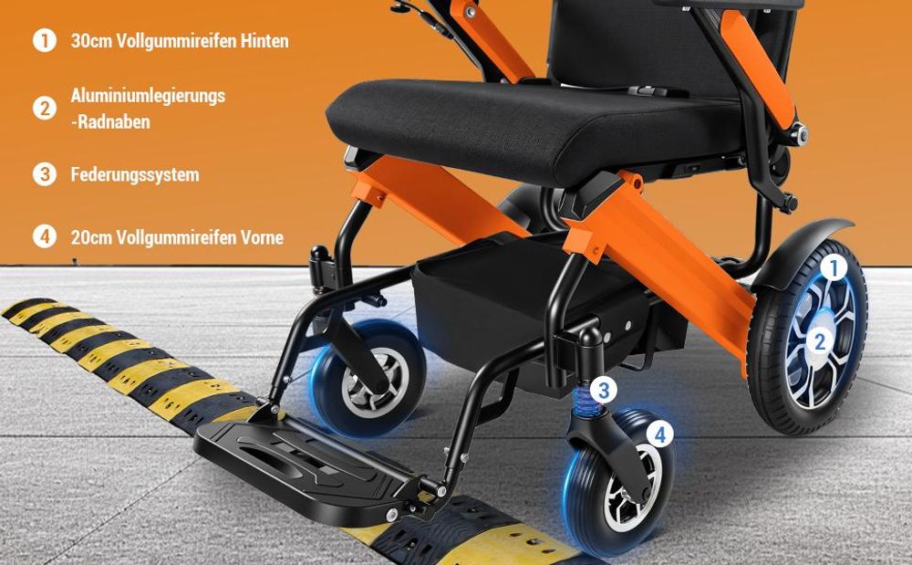 ZYGENAIR Elektrorollstuhl Orange - Komfortable Federung & robuste Räder für stabile Fahrten