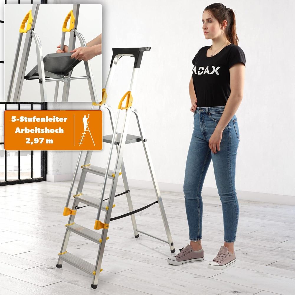 KADAX Alu-Leiter, "Bykle", 162 cm, Leiter mit Handlauf, 5 Stufen