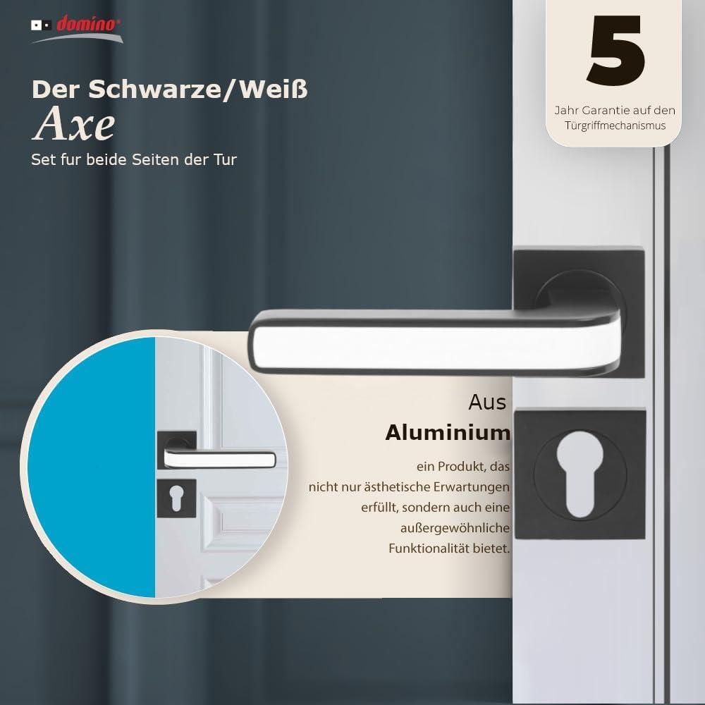 DOMINO Türgriff Drückergarnitur PZ - Profilzylinder Set | quadratische Rosette | Türklinke für Zimmertür, Bürotür, Kellertür & Innentür| Türbeschläge aus Aluminium| Schwarz/Weiss Türdrückergarnitur | AXE-QR Black/White