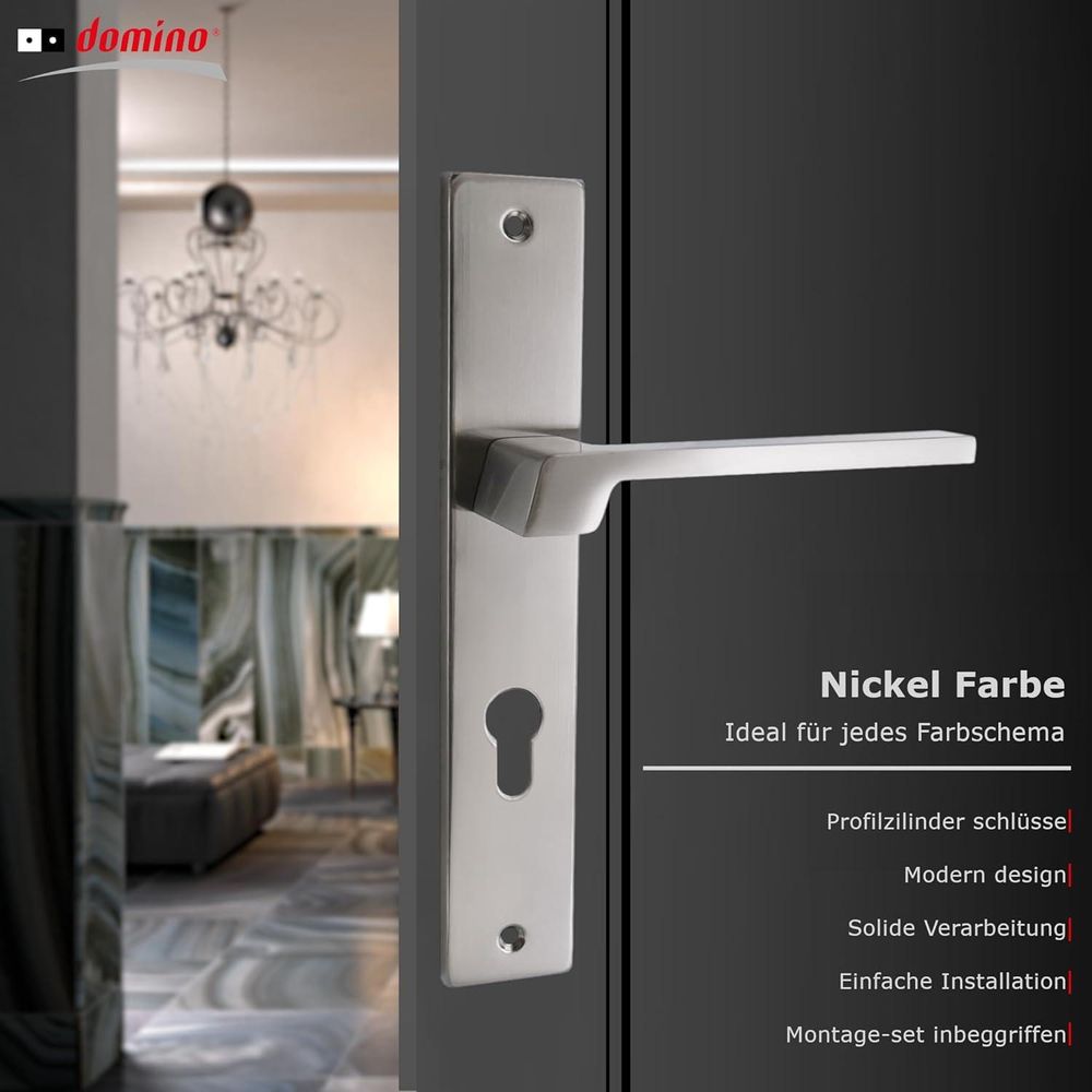 Domino Türgriff 72 PZ Drückergarnitur für Zimmertür, Bürotür, Kellertür, Innentür, L-Form, Aluminium Nickel CANTORO M9