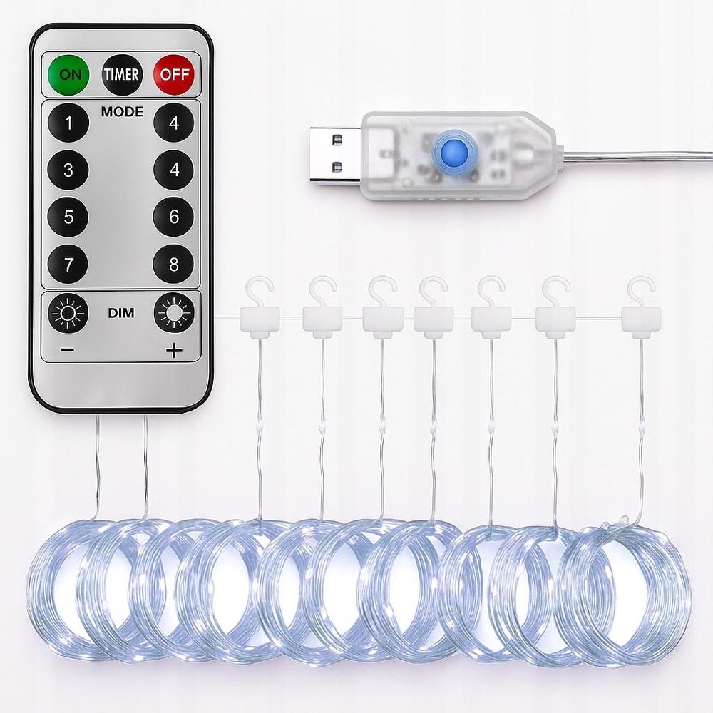 LED-Lichtervorhang kaltweiß mit Fernbedienung und USB-Anschluss