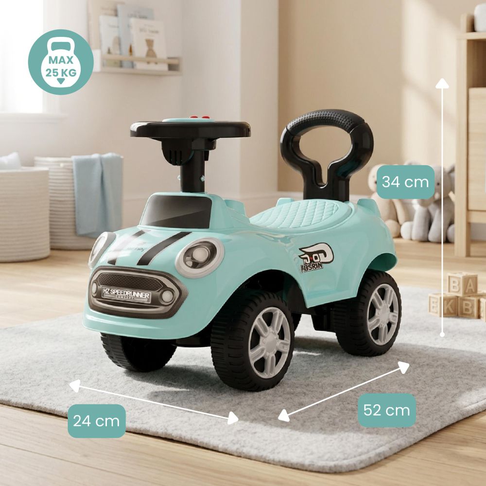 Afmetingen en details van de loopauto Sun Baby GO GO Fashion in mint.