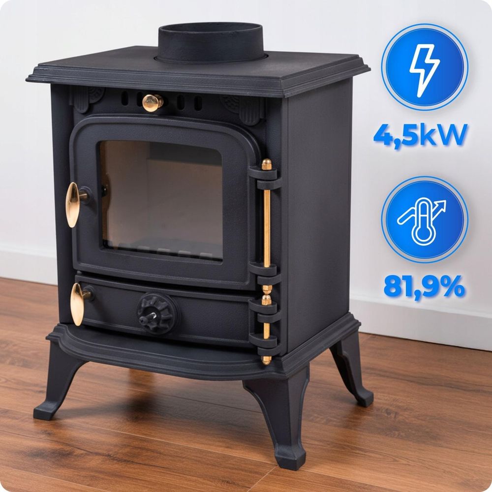 THUNDER® Gusseiserner Holzofen DIANA | 4,5 kW | Freistehend | Kaminofen | Holzheizung | A+ Energieklasse | Ökodesign | Mit Zubehör