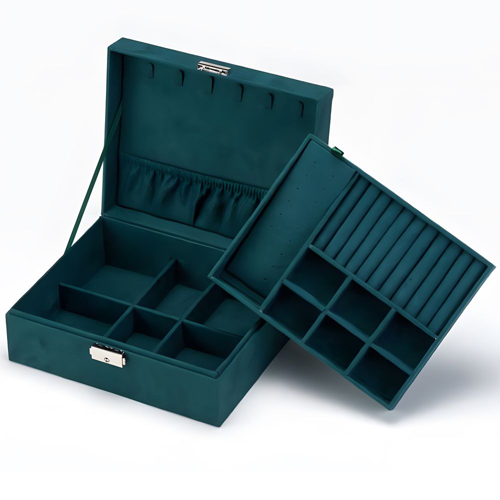 Schmuckkästchen, Schmuckschatulle aus Samt mit 2 Ebenen, Schmuckbox, Schmuckschatulle, Schmuckkoffer für Damen, Aufbewahrungskoffer Retoo