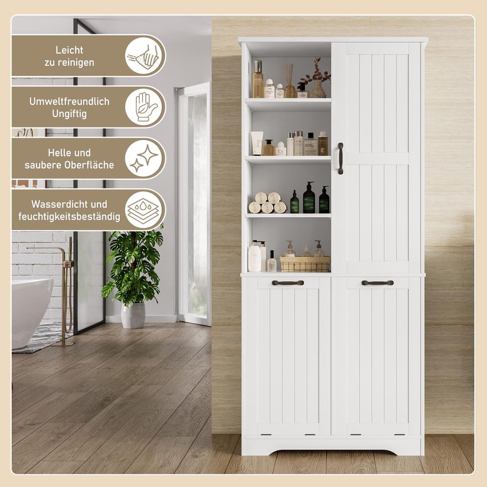 Merax Badezimmerschrank, Hochschrank mit doppeltem Wäschekorb, 4 offene Fächer, Badschrank mit Verstellbar, 78x35x172 cm, Weiß
