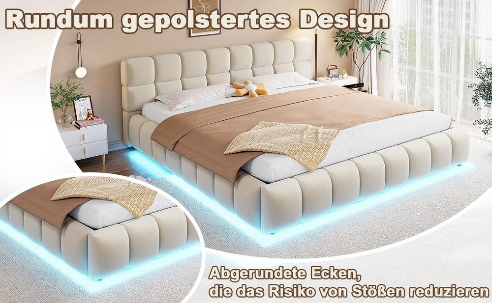 okwish Polsterbett 180×200 mit LED und App-Steuerung, Jugendbett mit Bettkasten undgepolstertem Kopfteil,Doppelbett Beige,ohne Matratze