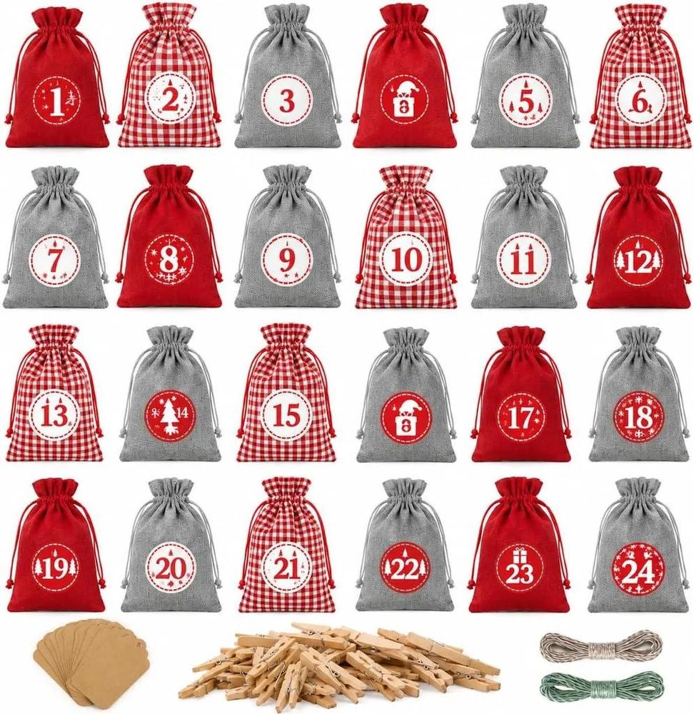 Adventskalendersäckchen in Rot, Grau und rot-weißem Karo mit Zahlenstickern