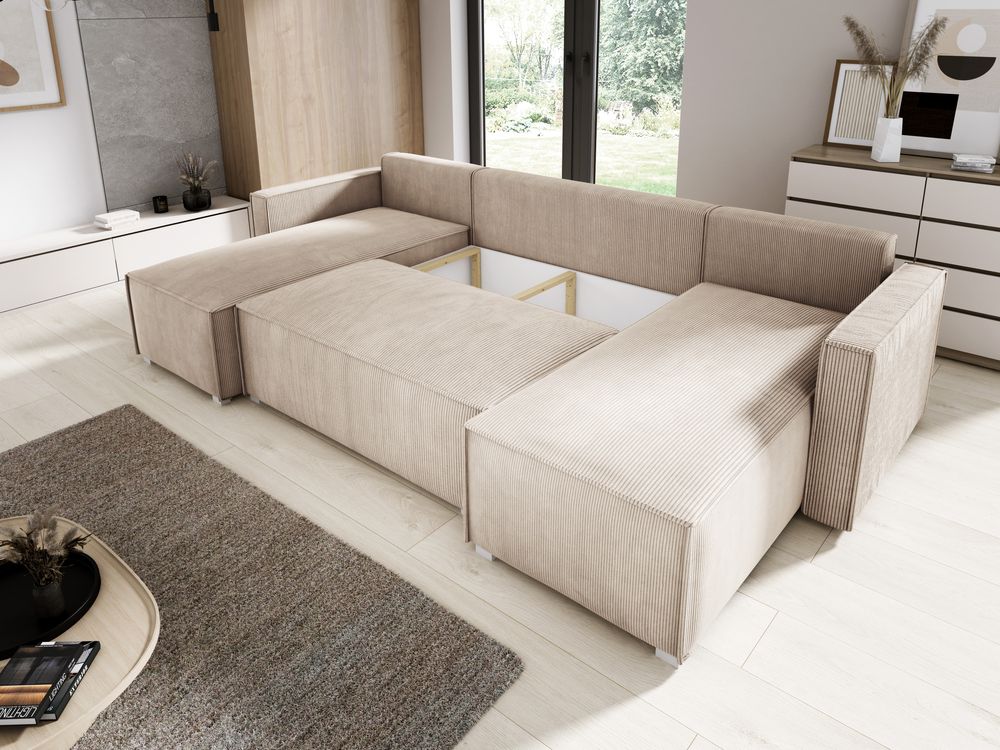 Wohnlandschaft U form Cord NOEMI 145x300 cm, Ecksofa U form Braun mit Schlaffunktion und Bettkasten, Sofa XXL, Couch U form, Polsterecke - PS 06