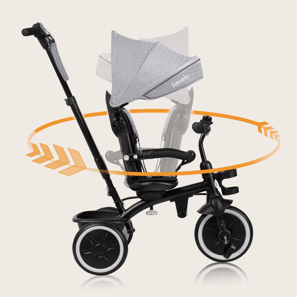 Multifunktionales Dreirad und Kinderwagen Lionelo Berry von 9 Monaten bis 5 Jahren bis zu 25 kg Große PolyurethanRäder, Dreirad-Drehsitz 360° Grau