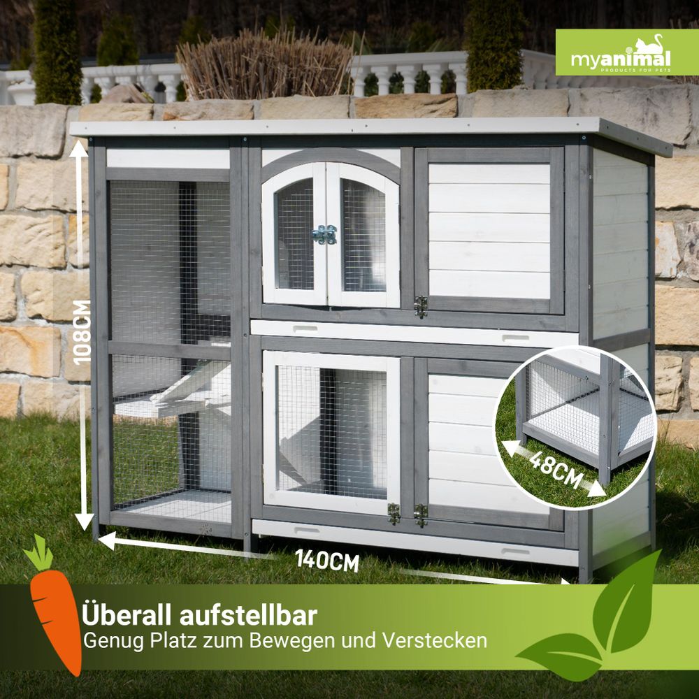 MyAnimal Hasenstall MH-02 | Hasenkäfig Zweistöckig - Kaninchenstall - 4 Türen - Kleintier Stall - Kaninchen - Hasen - Dach zum Öffnen (Grau/Weiß)