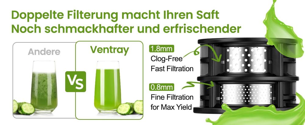 Ventray Max 120 Kaltpress Entsafter BPA frei mit Doppelfilter und 120 mm Einfülltrichter für hohe Saftausbeute leicht zu reinigen 250W, Schwarz