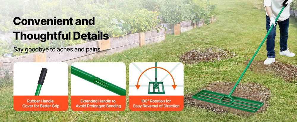 VEVOR Rasenebene-Rake, 30"x10" Rasenwerkzeug, Schwerlast-Rasenebner mit 78" Stahlverlängerungsgriff, Rasenebene-Rake geeignet für Garten, Golfplatz, Bauernhof, Legierung-10x48 Zoll