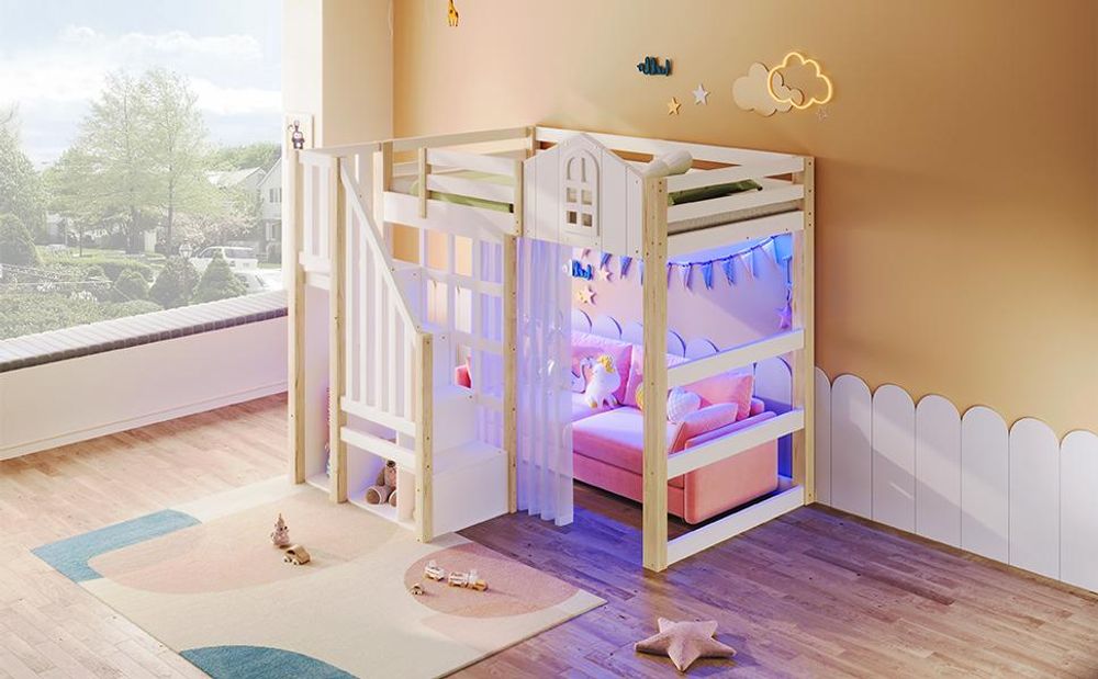 Merax Etagenbett Hochbett 90x200 cm, Kinderbett, Schloss-Design mit LED, Gaze, Geländer, Lagertreppe, Jugendbett, Stockbett, Kiefern, Weiß+Natur