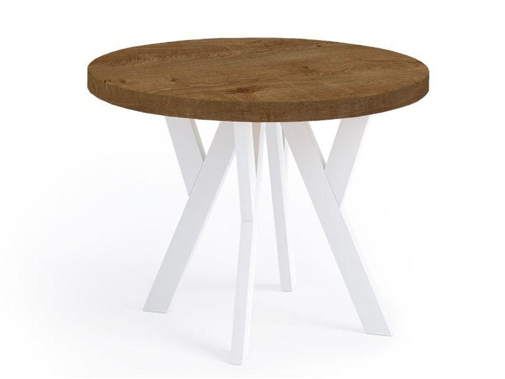 Runder Ausziehbarer Tisch für Esszimmer, PERO, Loft-Stil, Skandinavische, Durchmesser: 110 / 160 cm, Farbe: Eiche Lefkas / Weiss