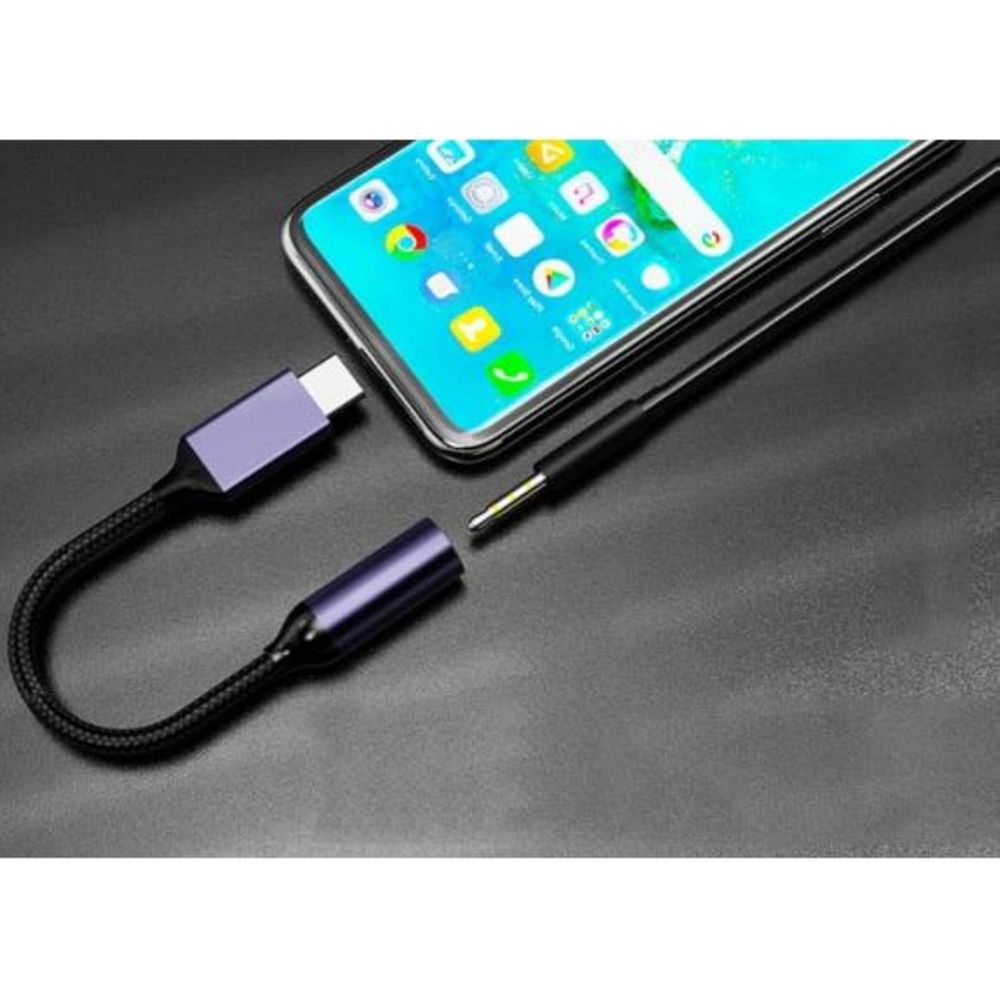 Cavo - Da USB-C a jack da 3,5 mm - Adattatore audio AUX DAC - mini jack - Nylon - 7 cm - Nero - Plug and Play