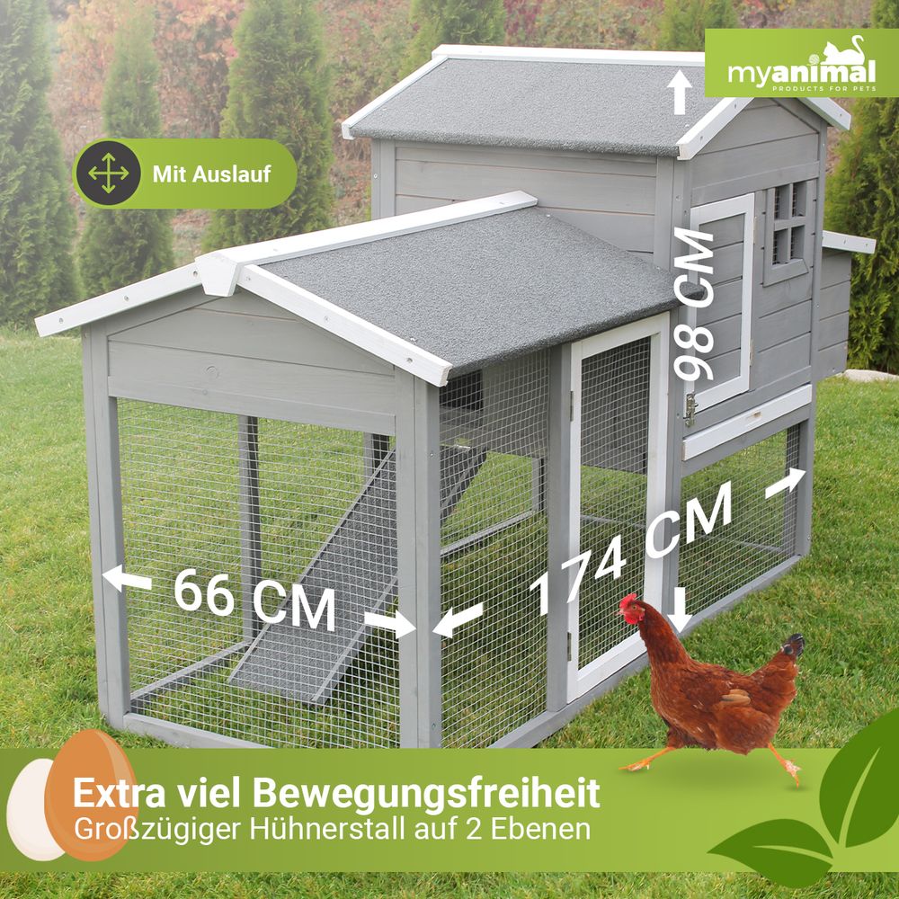 MyAnimal Hühnerstall MH-21 | Bis zu 3 Hühner - Hühnerhaus - Sitzstange - Eiablage - Freilaufgehege - Wasserabweisendes Dach - Kleintierstall (Grau)