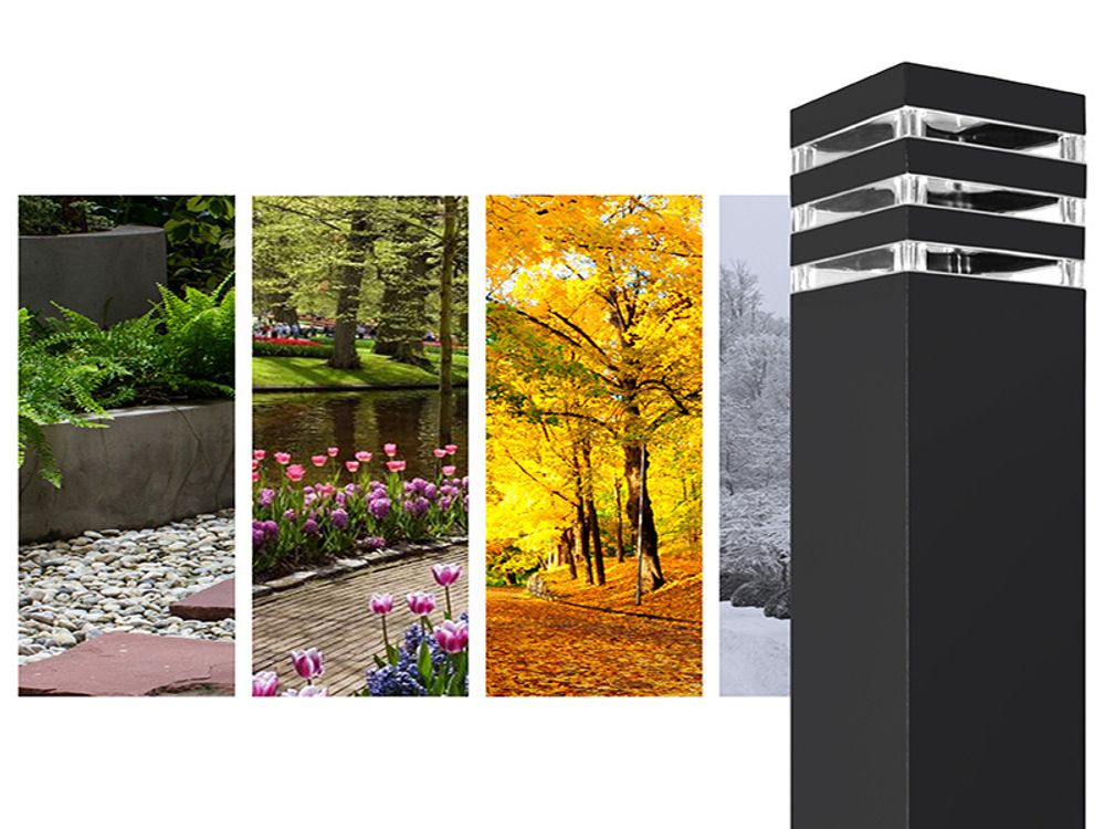Solide Gartenleuchte, witterungsbeständig, verschiedene Jahreszeiten im Hintergrund sichtbar.