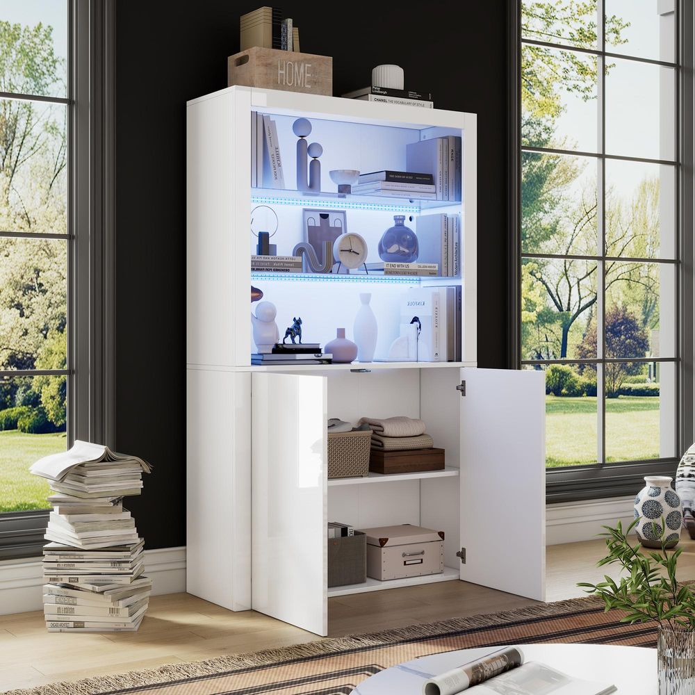 Merax LED-Vitrine 100x35x170 cm, Weiß Hochglanz, Glasvitrine mit Doppeltür und Beleuchtung, Schrank mit Kippschutz, Wohnzimmer Sammlerschrank