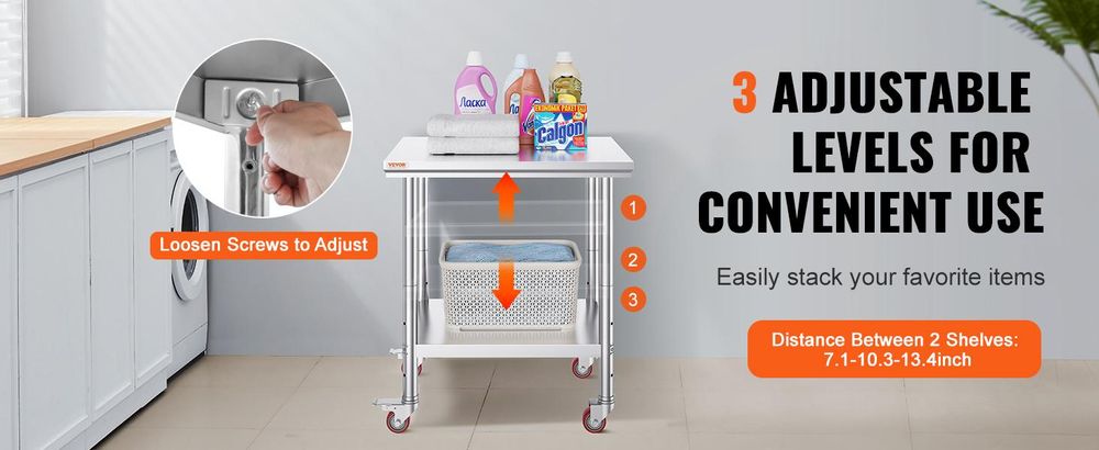 VEVOR Edelstahl Arbeitstisch 30 x 18 x 34 Zoll, 700 LBS Tragfähigkeit mit 4 Rädern, 3 verstellbare Höhenstufen, robuster Lebensmittelvorbereitungstisch für gewerbliche Küchenrestaurants, Silber, 760x600x850 mm