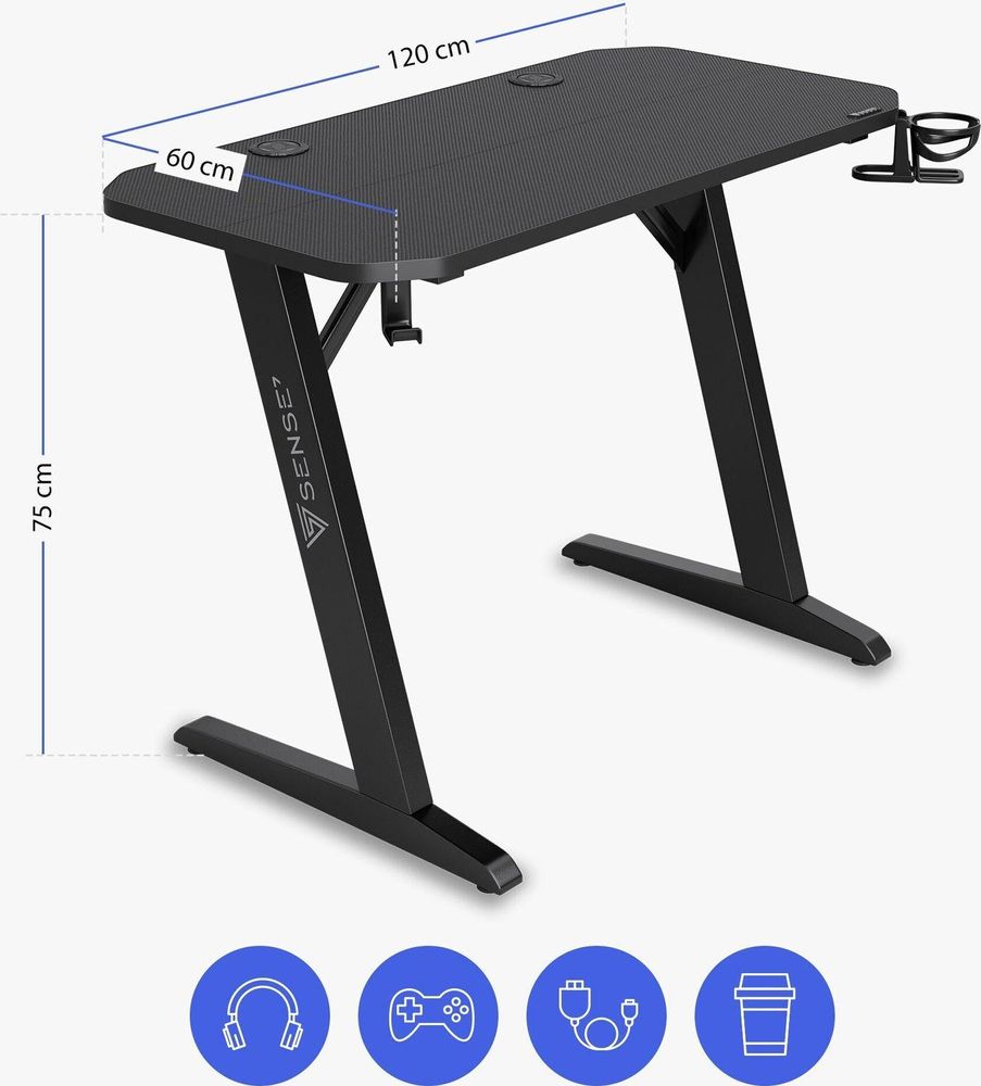 SENSE7 Nomad Basic – stół do gier, biurko 120 x 60 cm, stół komputerowy, stół dla graczy, stół w stylu karbonowym, uchwyt na słuchawki, system zarządzania kablami