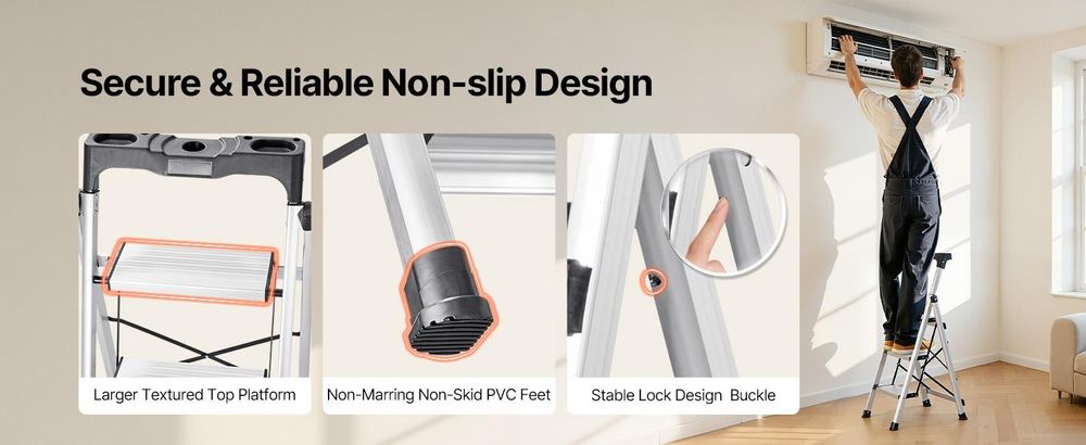 VEVOR 5-Stufen-Leiter, faltbare Trittleiter mit breitem rutschfestem Pedal und komfortablem Handgriff, tragbare Aluminium-Stehleiter mit 150 kg Tragfähigkeit, vielseitig einsetzbar für Küche, Lager, Haushalt und Büro, Silber, 3-Schritte