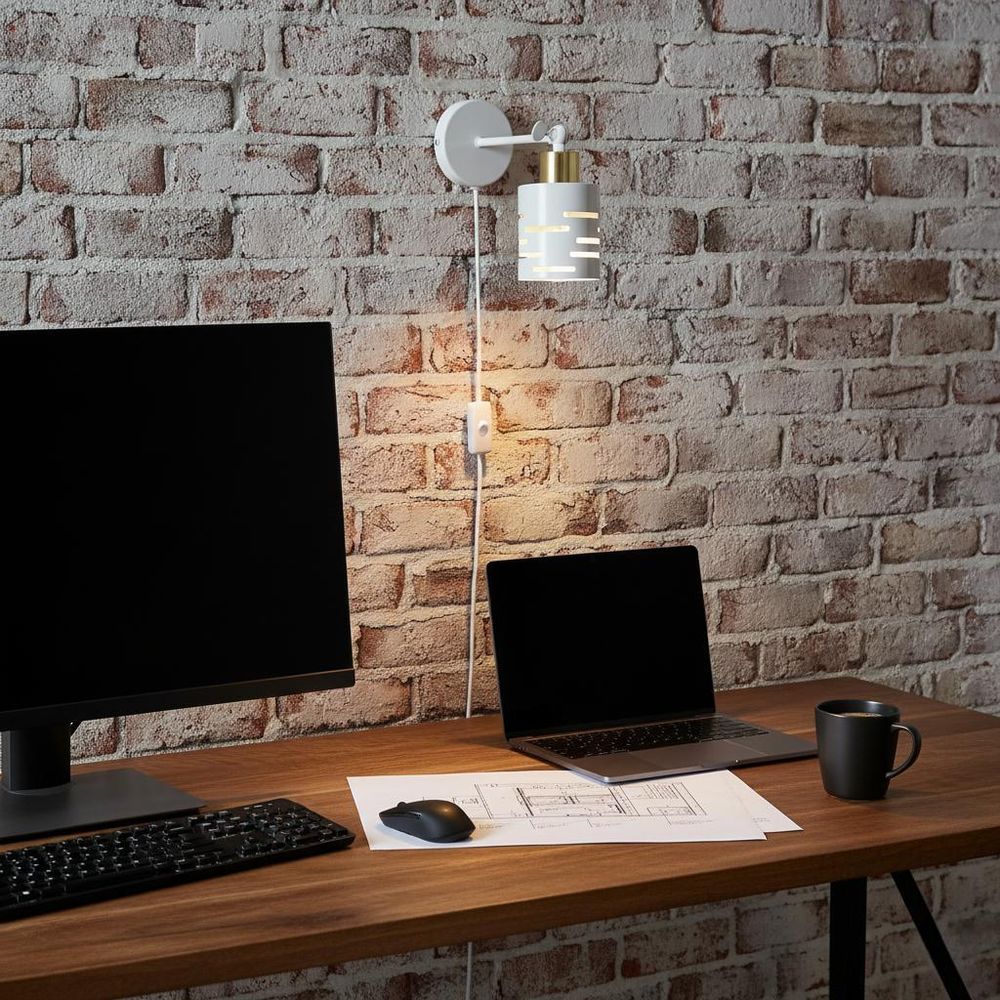MasterLED Wandlampe E27 - Weiß mit Gold - Schwenkbare Innenleuchte mit Stecker und Schalter - Modern und praktisch