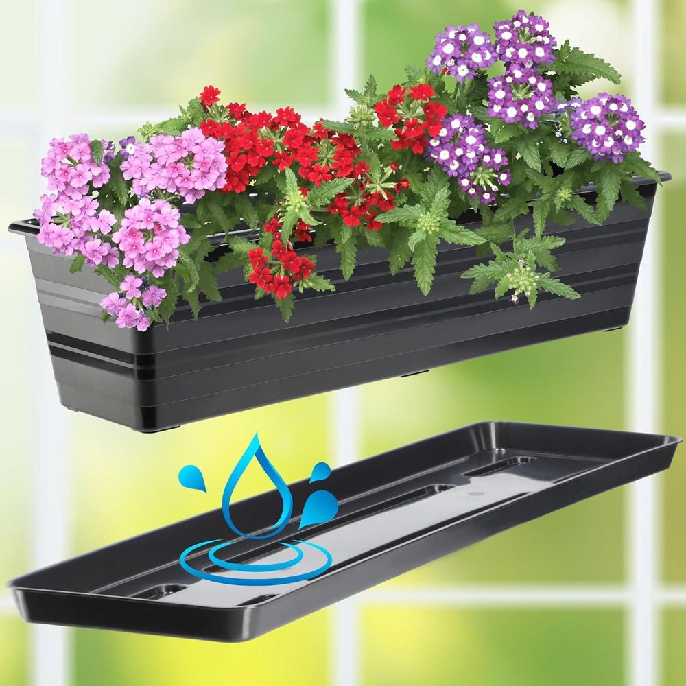 KADAX Blumenkasten mit Untersatz und Balkonkastenhalterung "Cati", aus Kunststoff, Blumentopf für Balkon, 60 cm, Anthrazit