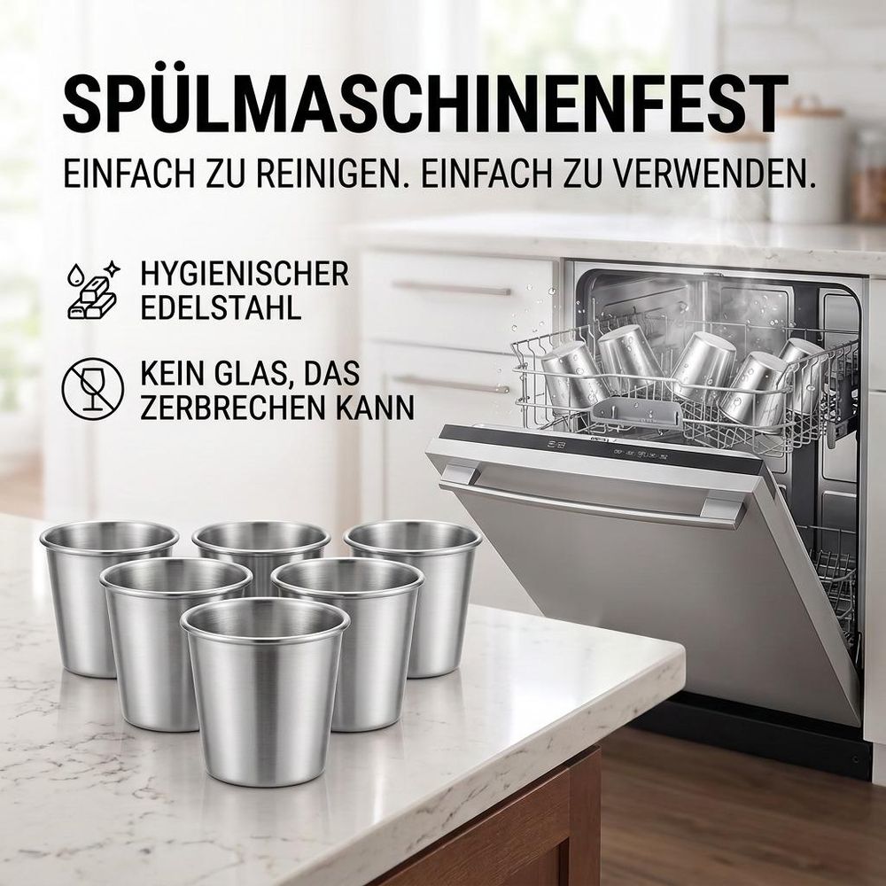 Sechs Edelstahlbecher in der Spülmaschine