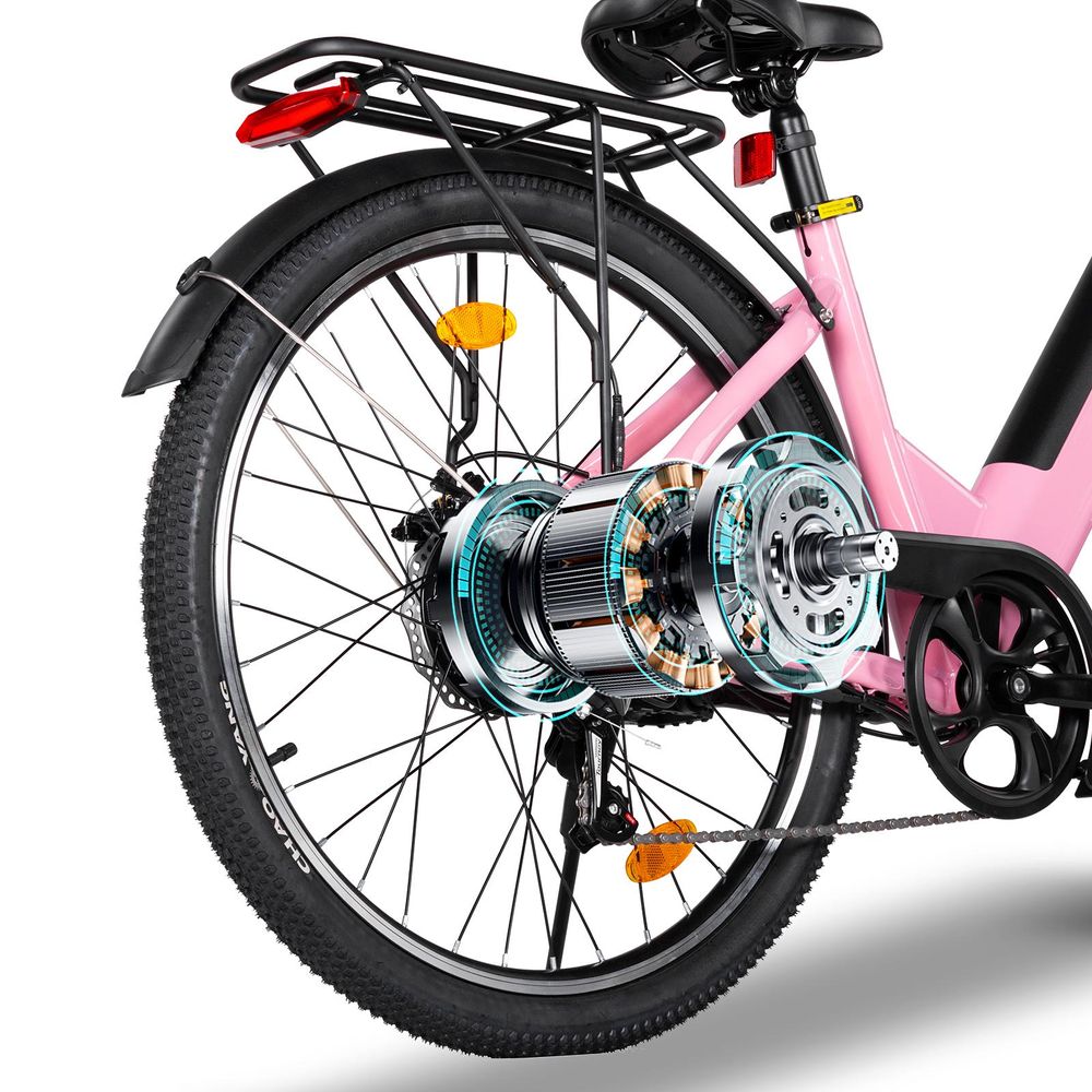 AVDL A32 elektrische stadsfiets, roze, 26 inch, 460 Wh accu, 250 W motor, Shimano 7 versnellingen, schijfremmen, lcd-display