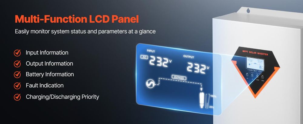 VEVOR Hybrid-Solarwechselrichter, 6000W, All-in-One reiner Sinuswellenwechselrichter-Ladegerät, 48V DC zu einphasigem 220/230V AC, mit 120A MPPT-Solarkontroller, für netzunabhängige Systeme mit Blei-Säure- und Lithiumbatterien, 6000W mit WiFi-Modul