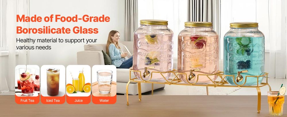 VEVOR Getränkespender (3 x 8 L) für Partys Saftspender (aus Glas) mit tropfsicherem Zapfhahn & Metallständer Wasserspender für Restaurants Partys, Limonade Eistee selbstgemachte Getränke Spender