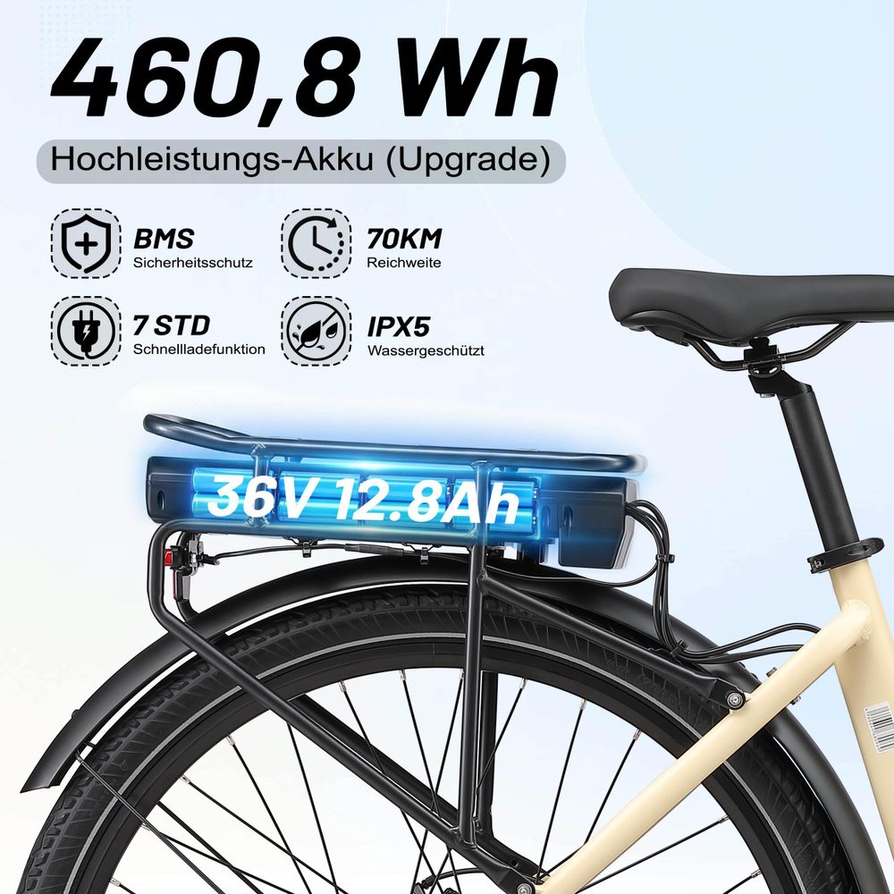 Maxtron E-Bike Cityrad Urban 7, 27,5-Zoll-Reifen, Shimano 7-Gang, Heckmotor 250W,  LG Akku 460.8Wh, Aluminiumrahmen, Tiefeinsteiger, 70km, 25 km/h