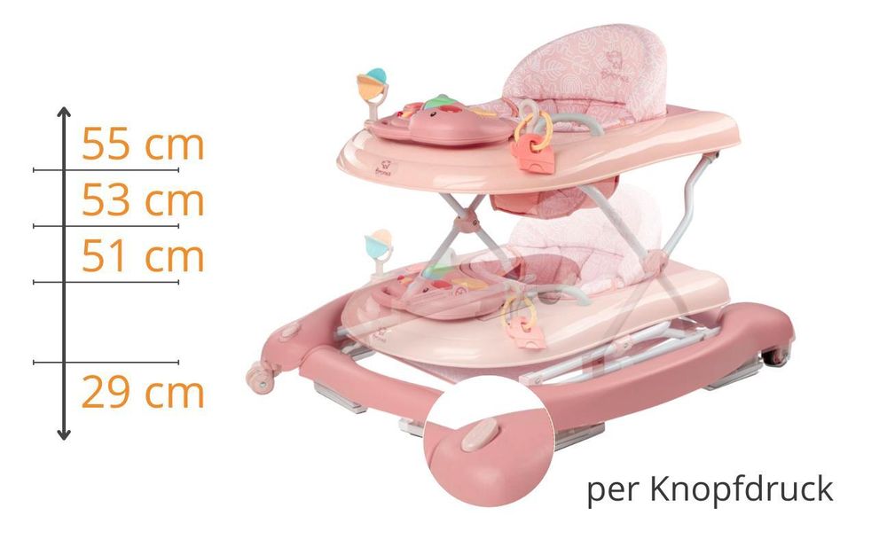 BRONEA® 5-in-1 Babywalker Gehfrei | Lauflernhilfe mit Schaukelfunktion, Musik & Licht | Laufhilfe für Baby ab 6 Monate | Höhenverstellbar | Klappbar | Rosa