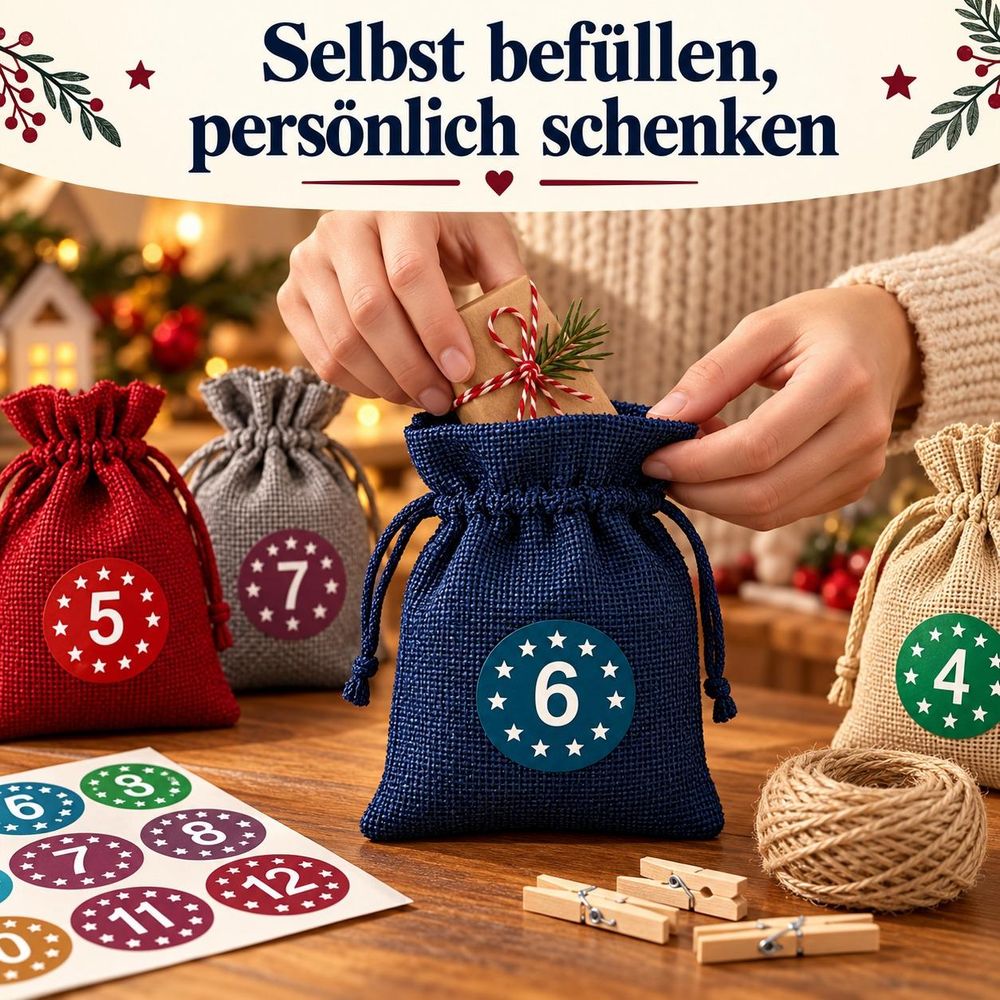 Hände befüllen ein blaues Säckchen mit einer kleinen verpackten Überraschung