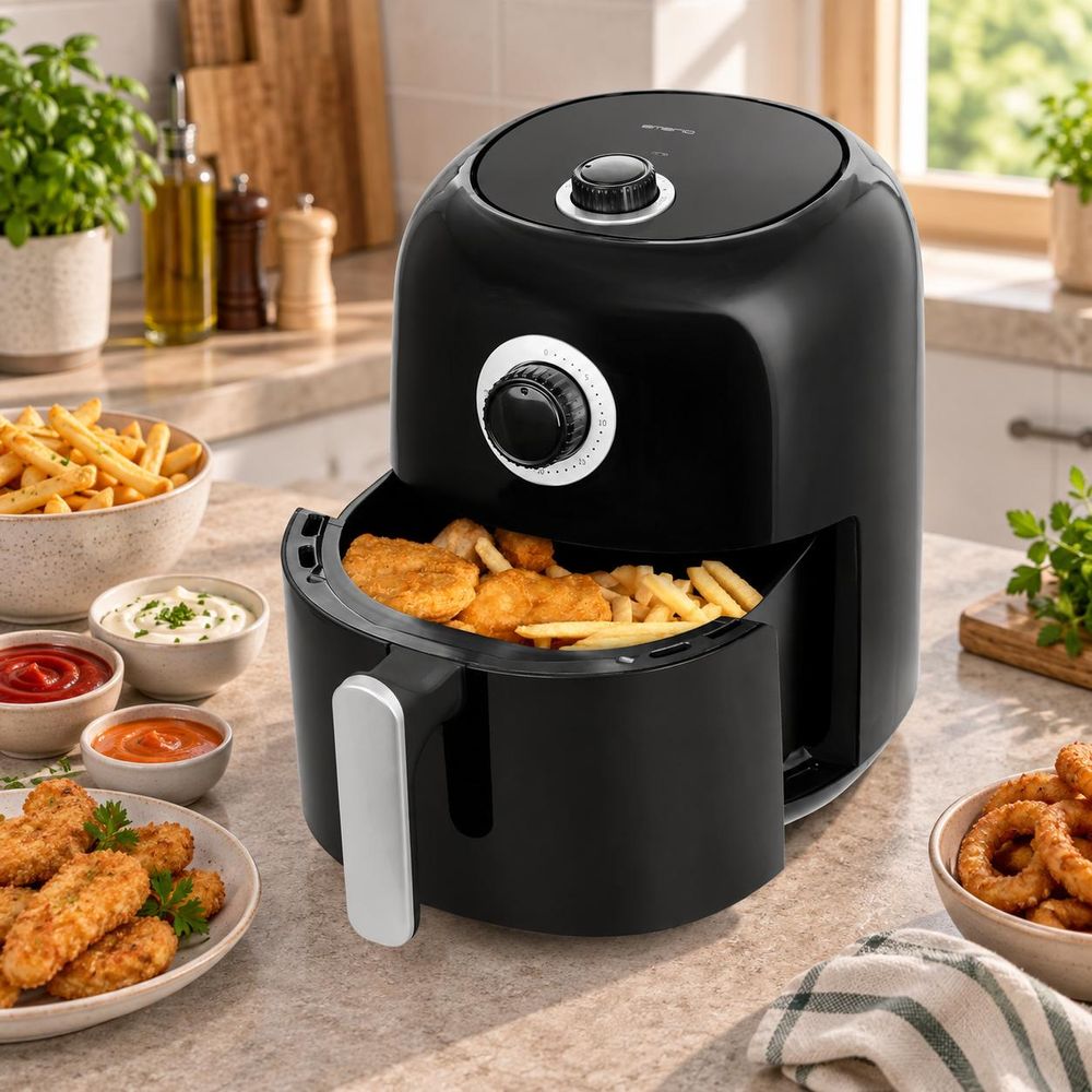 Schwarze Emerio Heißluftfritteuse mit Drehreglern, Pommes und Nuggets, umgeben von Snacks und Dips.