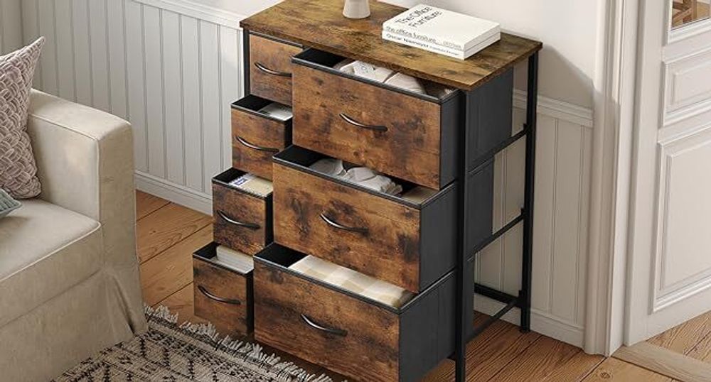 WOLTU Kommode mit 7 Schubladen aus Stoff, Sideboard, Metallrahmen, Industrial Stil