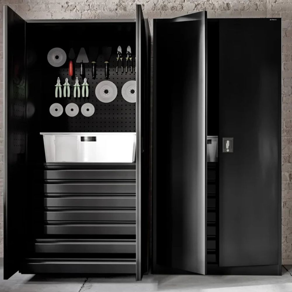 Jan Nowak Werkzeugschrank TC007 Werkstattschrank Garagenschrank 7 Schubladen Perforierte Rückwand Flügeltüren Pulverbeschichtet Metall 185 cm x 92 cm x 50 cm (Schwarz)