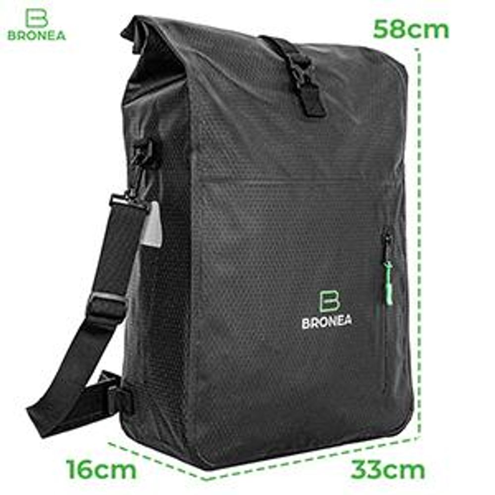 BRONEA® 3 in 1 Fahrradtasche Gepäckträgertasche - 28L - 100% Wasserdicht - Kombi Rucksack & Umhängetasche - Laptoptasche - Schnellmontage | SCHWARZ