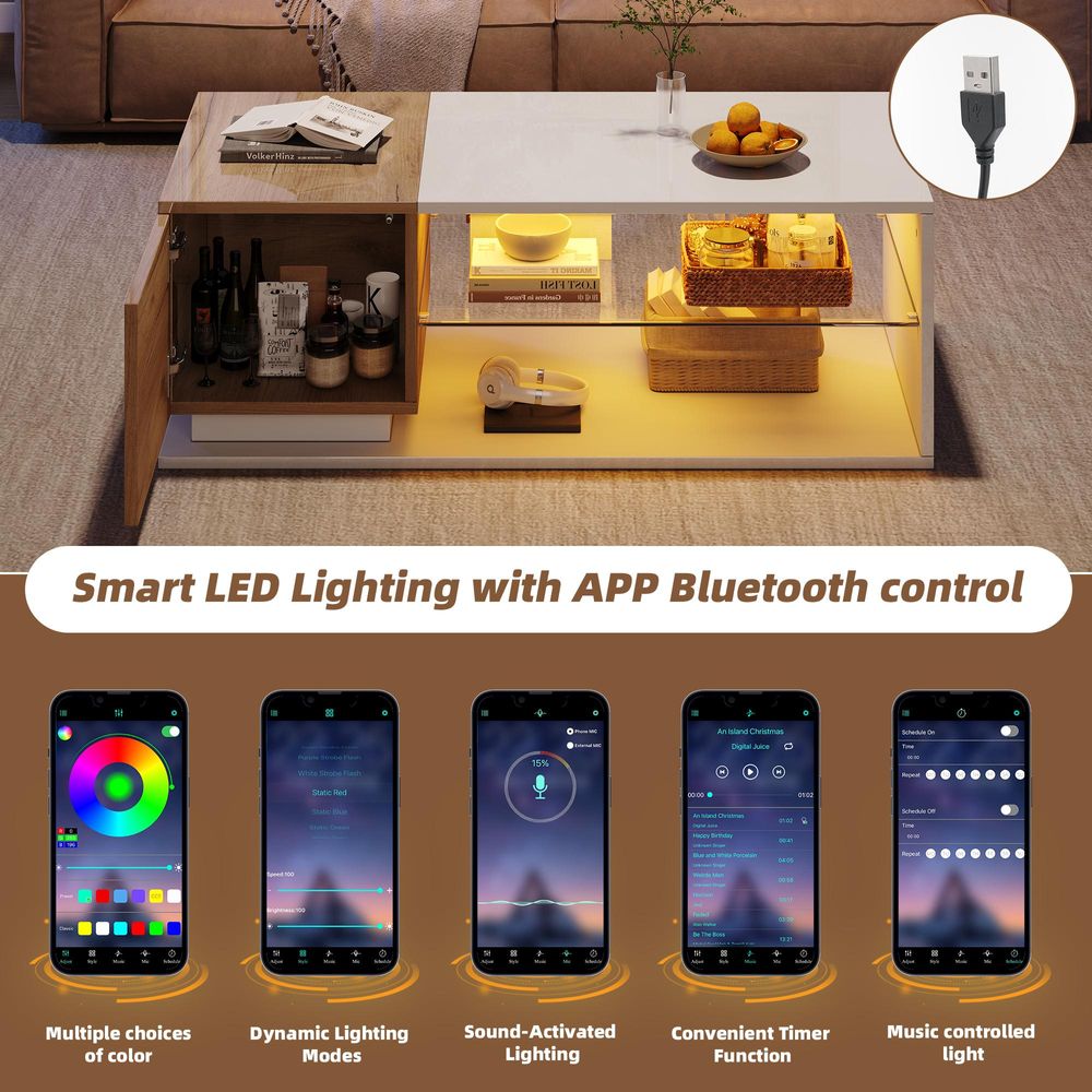 MODFU Couchtisch Wohnzimmertisch mit LED-Beleuchtung,Beistelltisch mit Hochglanz-Design,Kaffeetisch Sofatisch mit Stauraum,105x50x36cm,Weiß+Eiche