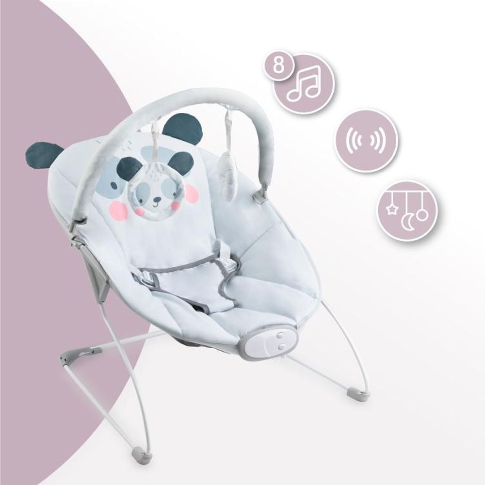 MoMi GLOSSY – Elektrische Babywippe mit Musikmodul (8 Melodien), 3 Vibrationsstufen, Spielbogen & Tragegriff, leicht & komfortabel – Grau
