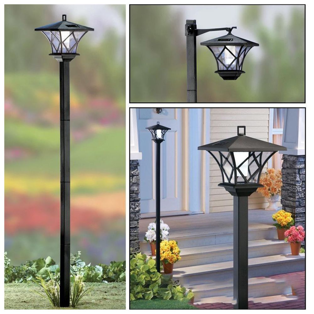 Schwarze Solarlampe, robust und wetterbeständig, verschiedene Ansichten im Garten.