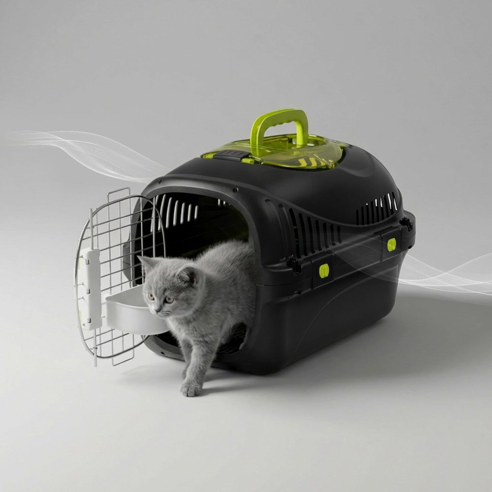 Katzentransportbox Peluvio Safy bis 5 kg, leicht & sicher, gute Belüftung, Griff, ideal für Auto & Reise - Schwarz