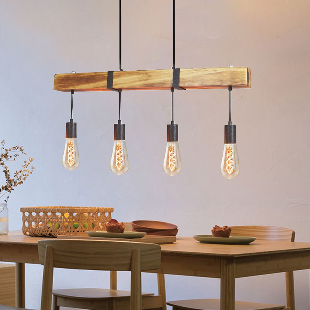 ZMH závesné svetlo vintage drevo jedálenská stolová lampa retro výškovo nastaviteľné závesné svetlo s 80CM dreveným nosníkom do jedálne kuchyne