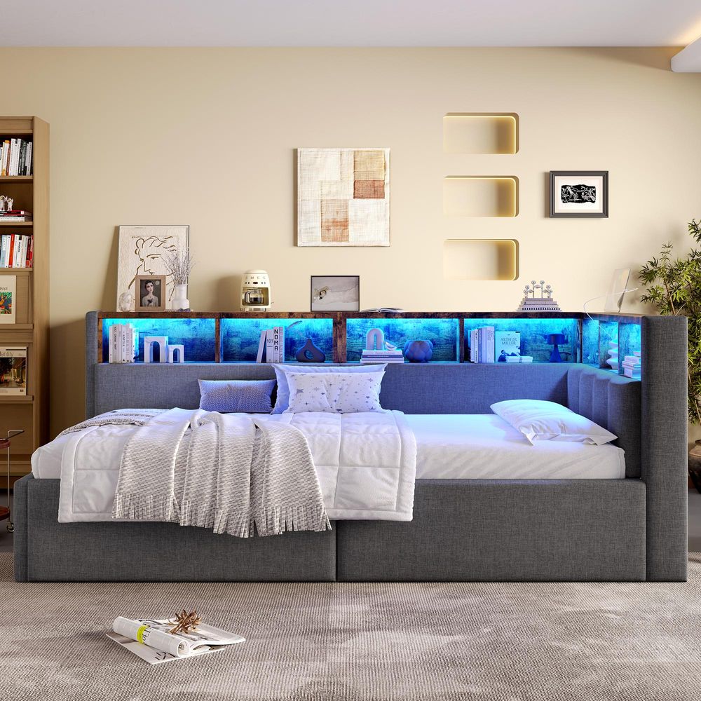 Flieks Hydraulisches Schlafsofa Tagesbett mit USB- und Typ-C-Anschlüsse, Polsterbett Stauraumbett Einzelbett mit Led und Staufächern, Leinen, Grau